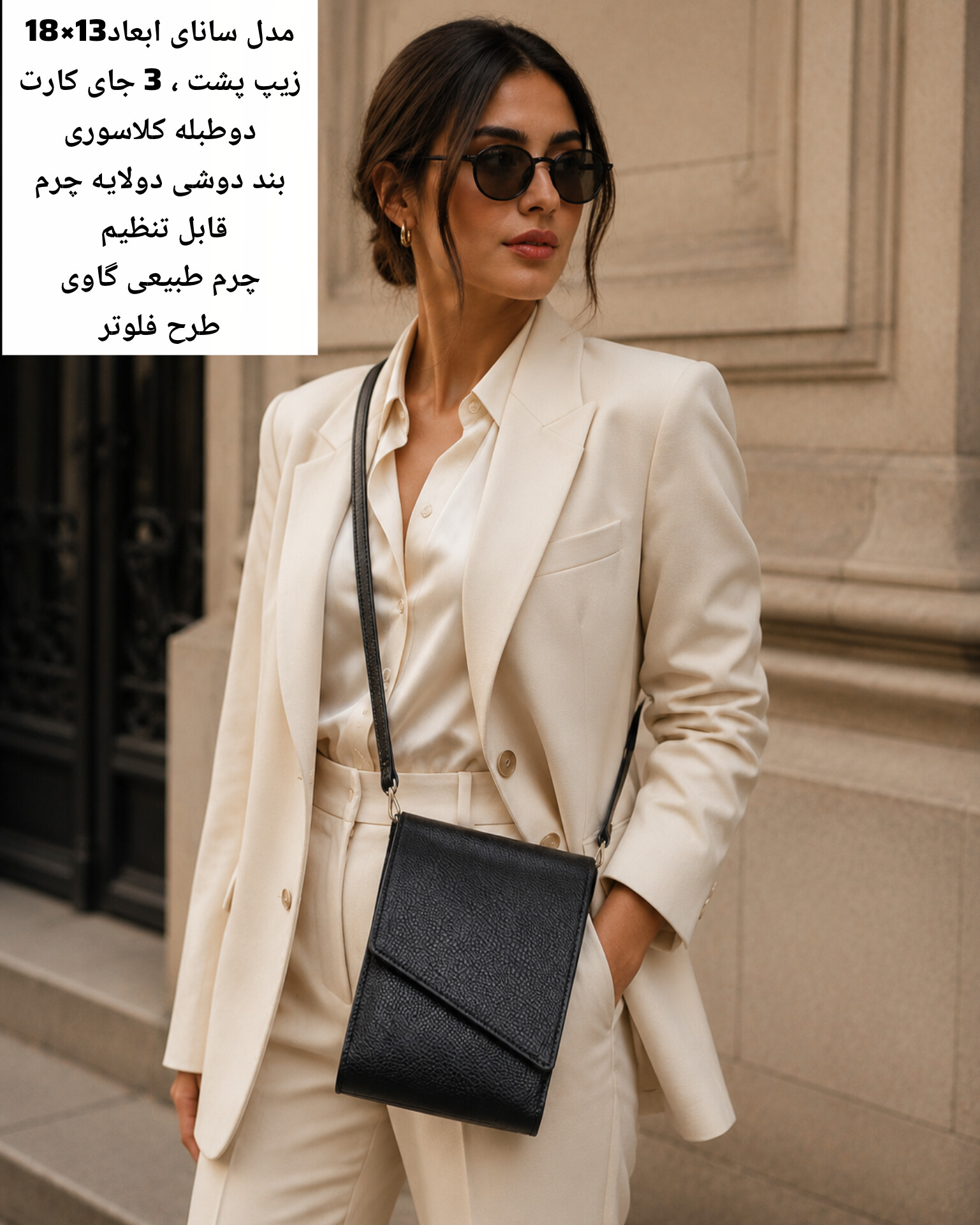 کیف دوشی مدل سانای چرم طبیعی گاوی مناسب پیاده روی ، استفاده روزمره بسیار سبک و راحت  دارای بند دوشی دولایه چرم قابل تنظیم دارای 3 جای کارت ، زیپ پشت و زیپ داخل ، داخل کیف دو قسمت مجزا